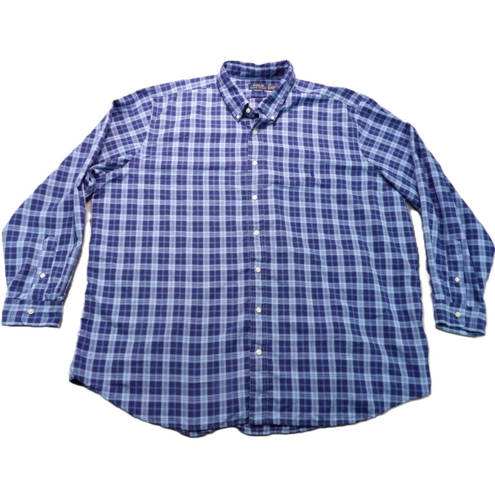 Polo Ralph Lauren Performance Shirt Men 3XB Big Blue Plaid Long Sleeve Button Up